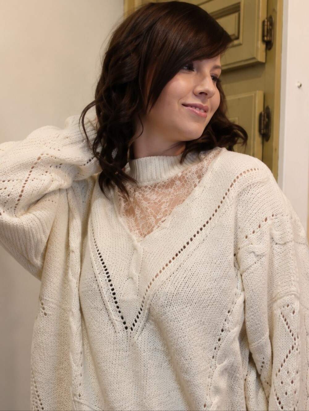 NWT Boutique Cream Cable Knit Lace Sequin Oversized Sweater S/M Boho Cozy - Picture 3 of 5